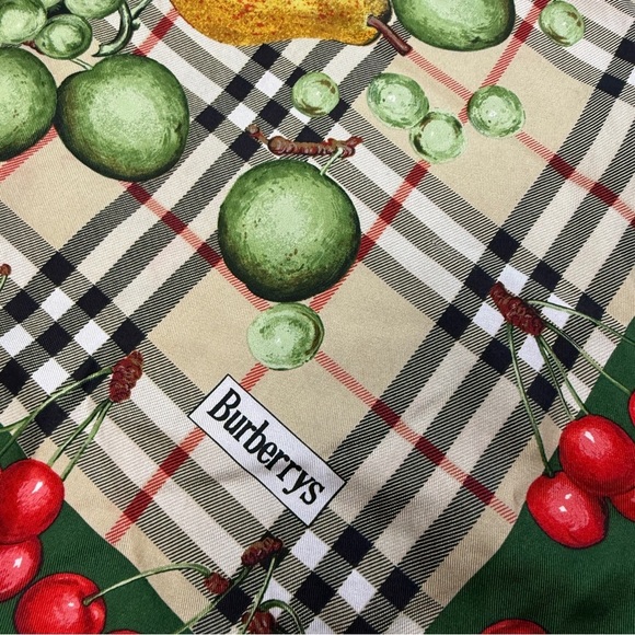 Burberry Vintage Novacheck Plaid Fruit Print Silk Scarf - Picture 2 of 8